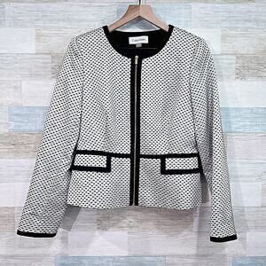 Calvin Klein Basketweave Full Zip Blazer White Black Collarless Lined Womens 10